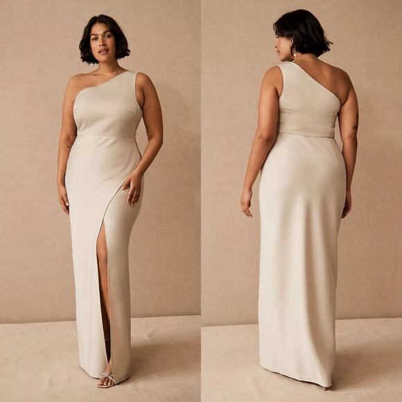BHLDN Anthropologie Dylan One-Shoulder Satin Side Slit Gown Champagne Womens 8 - Picture 1 of 11